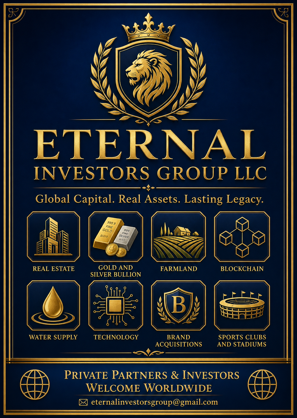 Eternal Investors Group LLC flyer listing its investment sectors