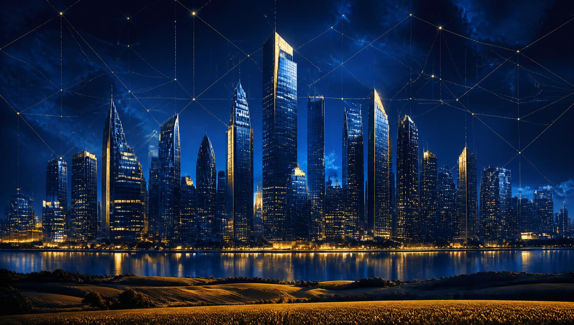 Royal blue city skyline with golden farmland horizon